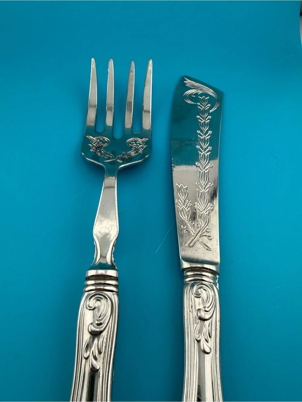 Antique 800 Silver Fish Serving Fork & Knife Set Ornate Floral 215g European
